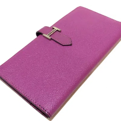 Pre-owned Hermes Purple Leather Long Wallet (bi-fold) ()