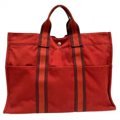 Pre-owned Hermes Red Color Canvas Handbag Tote Bag ()
