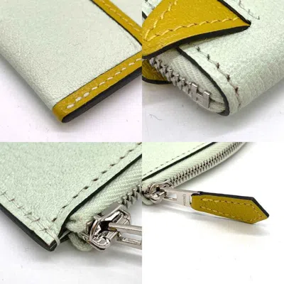 Pre-owned Hermes White Yellow Chevre Leather Coin Purse/coin Case () In White, Yellow