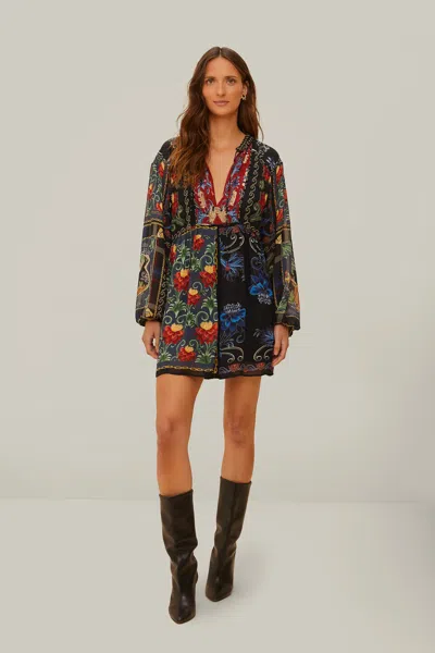 Farm Rio Active Black Mixed Arabesque Scarves Long Sleeve Mini Dress In Mixed Arabesque Scarves Black