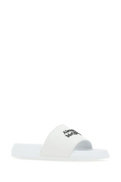 Alexander Mcqueen White Logo Pool Slides In Rubber In White