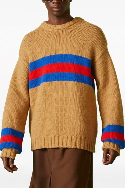 Gucci Camel Brown Crewneck Sweater With Web Intarsia In Wool And Mohair Man In Brown