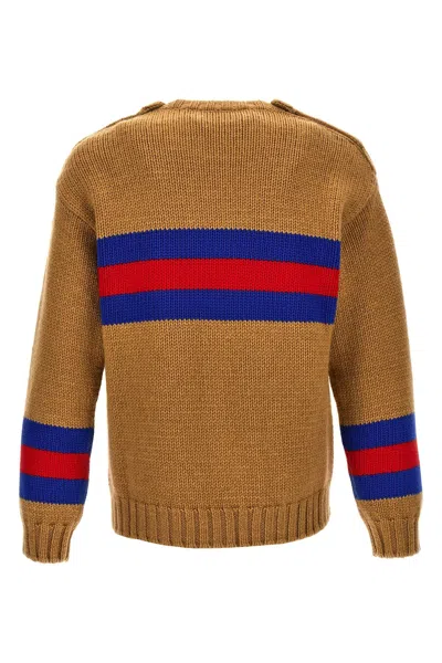 Gucci Camel Brown Crewneck Sweater With Web Intarsia In Wool And Mohair Man In Brown