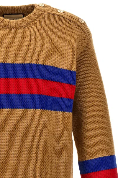 Gucci Camel Brown Crewneck Sweater With Web Intarsia In Wool And Mohair Man In Brown