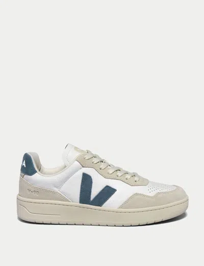 Veja V-90 Mixed Leather Low-top Sneakers In White