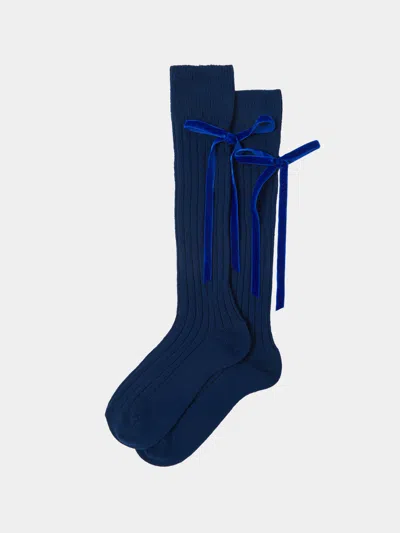 Maria La Rosa College Velvet Bow Cashmere Knee-high Socks  Abask Luxury Gift In  Navy