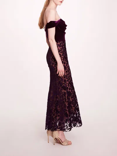 Marchesa Velvet Cutwork Midi Dress In Dark Purple