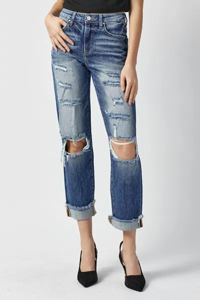 Risen High Rise Ankle Wide Button Down Front Patch Pocket Cuff Jean In Denim In Blue