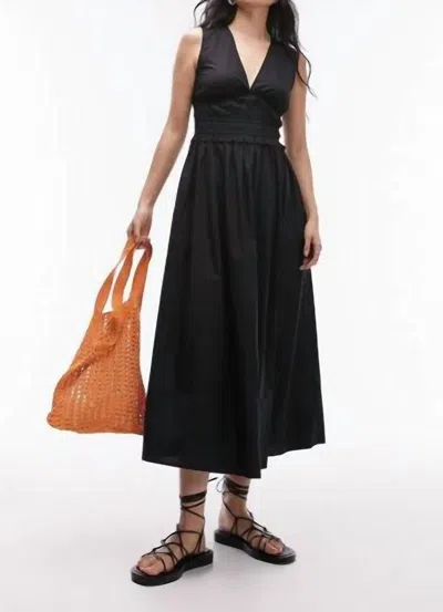 Topshop V Neck Chaneled Poplin Midi Dress In Black