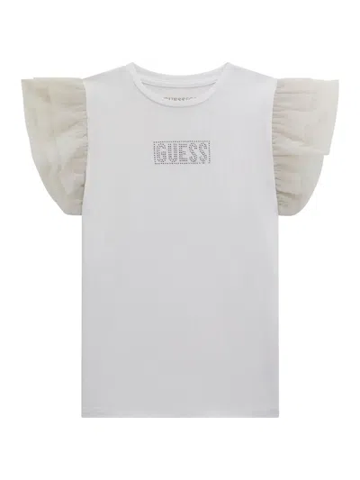 Guess Girls Tulle Sleeve T-shirt In White