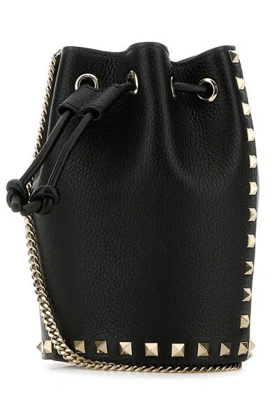 Valentino Borsa Mini In Pelle Nera Con Rivetti Piramidali E Chiusura A Cordoncino