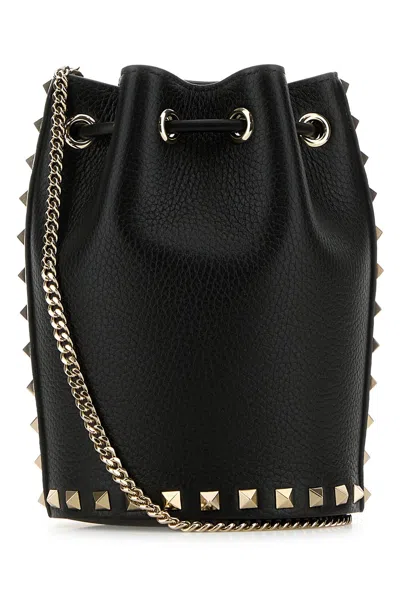 Valentino Borsa Mini In Pelle Nera Con Rivetti Piramidali E Chiusura A Cordoncino