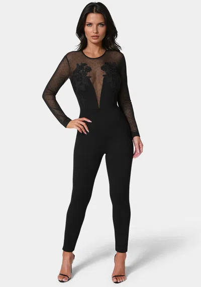 Bebe Lace Applique Catsuit In Black