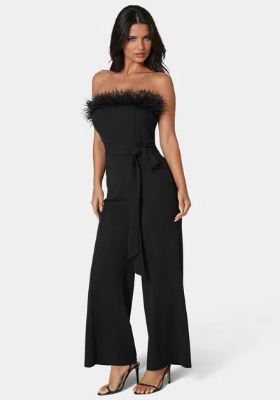 Bebe Strapless Feather Jumpsuit In Black