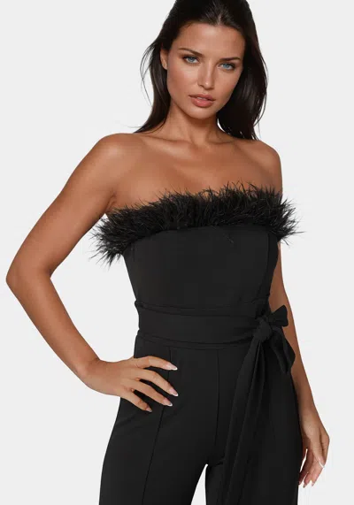 Bebe Strapless Feather Jumpsuit In Black