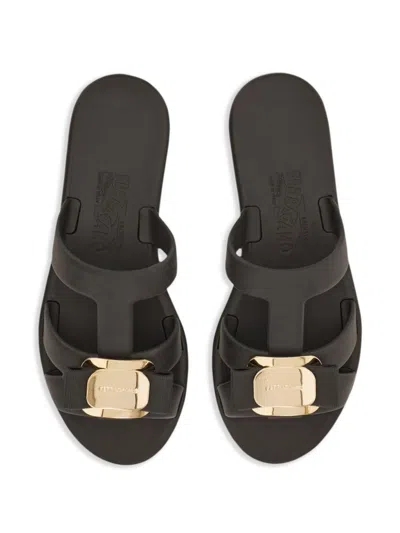 Ferragamo Lilou Vara Plate Flat Slides In Black