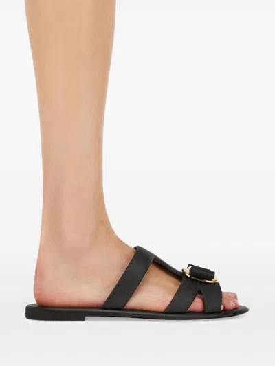 Ferragamo Lilou Vara Plate Flat Slides In Black