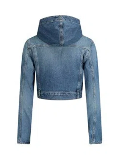 Alaïa Hooded Denim Jacket With Cinched Waist In Blue