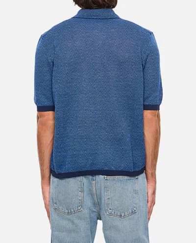 Bottega Veneta Linen Polo With Geometric Jacquard Pattern In Blue