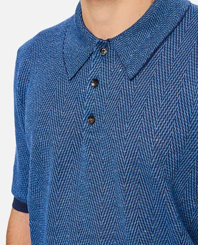 Bottega Veneta Linen Polo With Geometric Jacquard Pattern In Blue