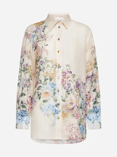 Zimmermann Beige Lightweight Floral Print Semi-transparent Ramie Shirt In Multi