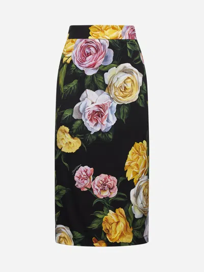 Shop Dolce & Gabbana Peony And Rose Print Calf-lenght Skirt