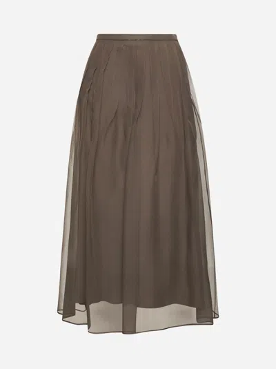 Brunello Cucinelli Women Brown Shiny Waistband Pleated Midi Skirt