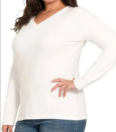 Zenana Back To Basic V-neck Long Sleeve In White In White