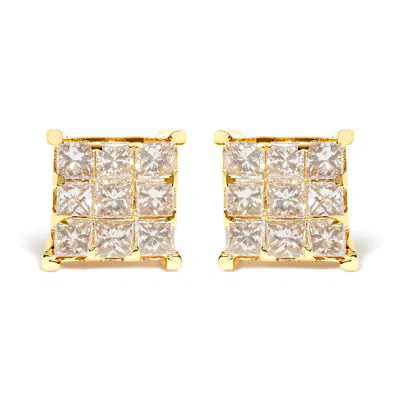 Haus Of Brilliance 14k Yellow Gold 1 1/2 Cttw Invisible Set Princess-cut Diamond 9 Stone Square Stud Earrings In Yellow
