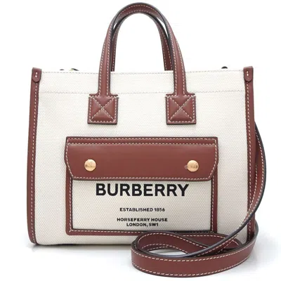 Pre-owned Burberry Brown Ivory Canvas Leather Shoulder Bag () In Brown, Ivory