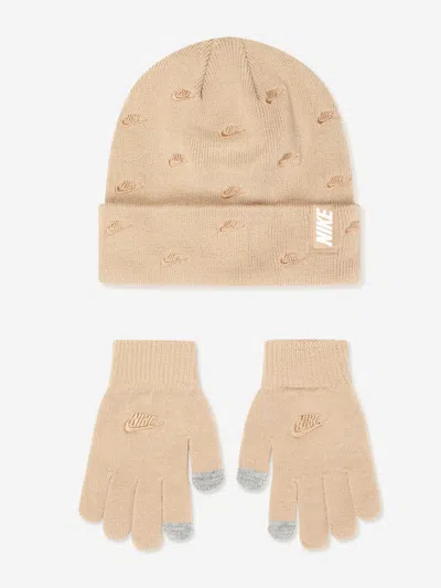 Nike Kids Futura Beanie And Glove Set In Beige