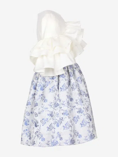 Jessie And James Girls Floral Jacquard Flutterby Ruffle Dress In Blue