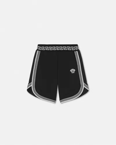 Versace Greca Print Cotton Shorts In Black