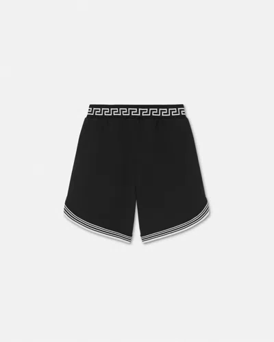 Versace Greca Print Cotton Shorts In Black
