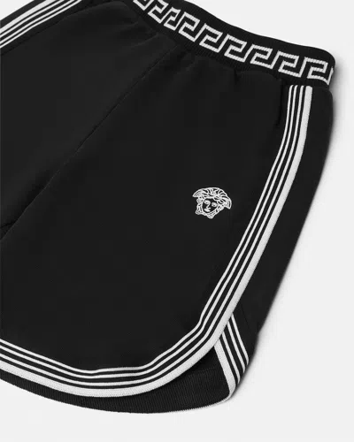 Versace Greca Print Cotton Shorts In Black
