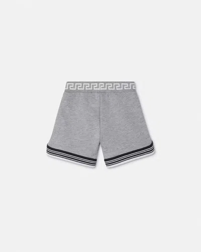 Versace Greca Print Cotton Shorts In Grey