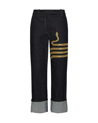Thom Browne Snake-embroidered Chino Jeans In Dark Wash Denim