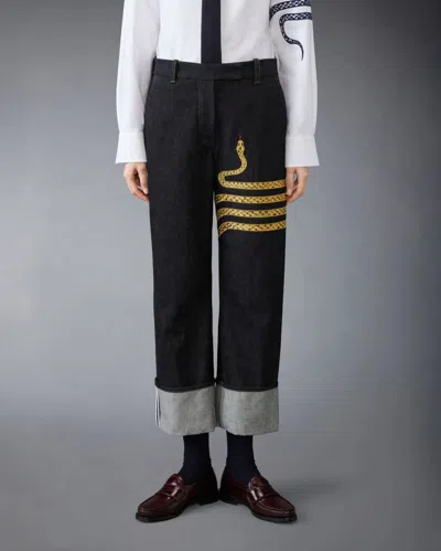 Thom Browne Snake-embroidered Chino Jeans In Dark Wash Denim