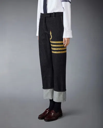 Thom Browne Snake-embroidered Chino Jeans In Dark Wash Denim