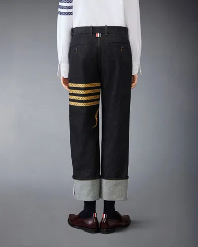 Thom Browne Snake-embroidered Chino Jeans In Dark Wash Denim