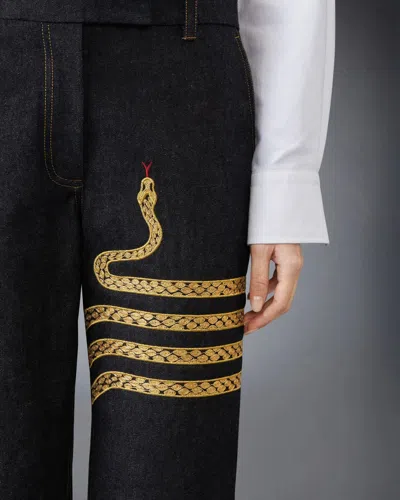 Thom Browne Snake-embroidered Chino Jeans In Dark Wash Denim