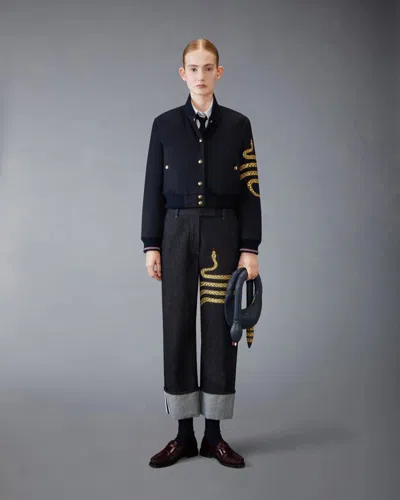 Thom Browne Snake-embroidered Chino Jeans In Dark Wash Denim