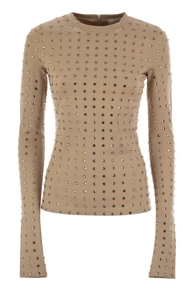 Sportmax Scuba Jersey Top With Crystals In Beige