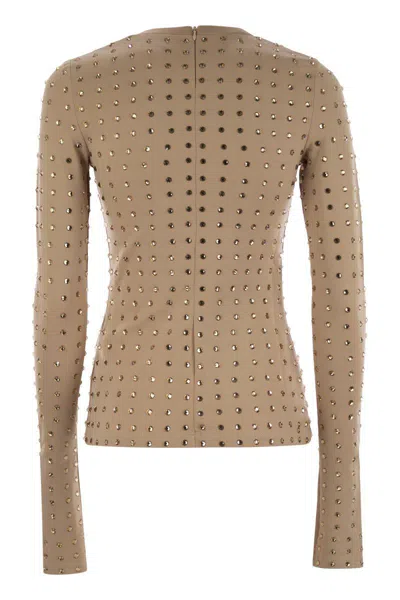 Sportmax Scuba Jersey Top With Crystals In Beige