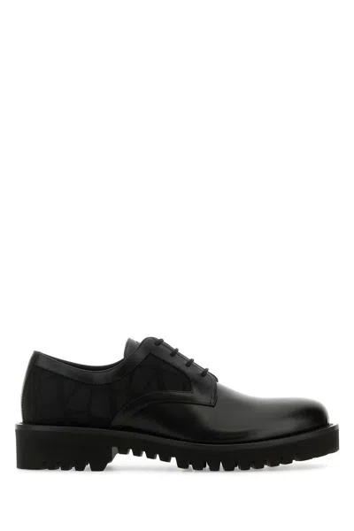 Shop Valentino Black Leather And Tolie Iconographe Lace-up Shoes