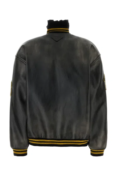 Prada Leather Jacket With Embroidered Patches And High Collar