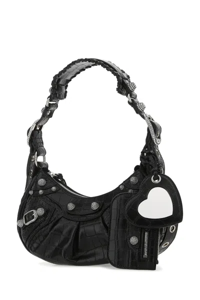 Balenciaga Croco-print Leather Shoulder Handbag With Decorative Studs And Rhinestones