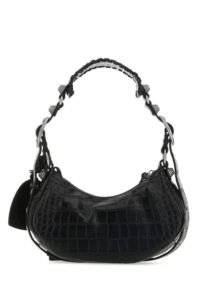 Balenciaga Croco-print Leather Shoulder Handbag With Decorative Studs And Rhinestones