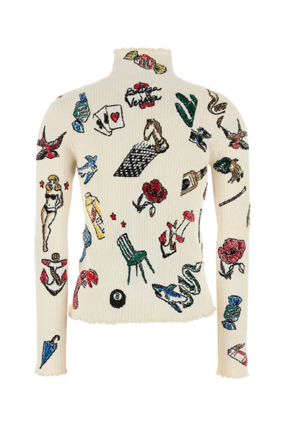 Bottega Veneta Embroidered Stretch Wool Blend Sweater With High Neck