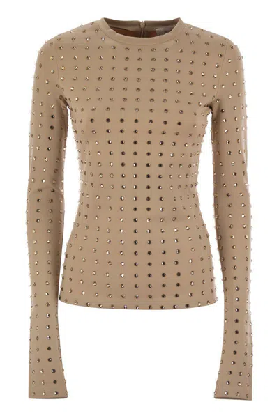 Sportmax Scuba Jersey Top With Crystals In Beige